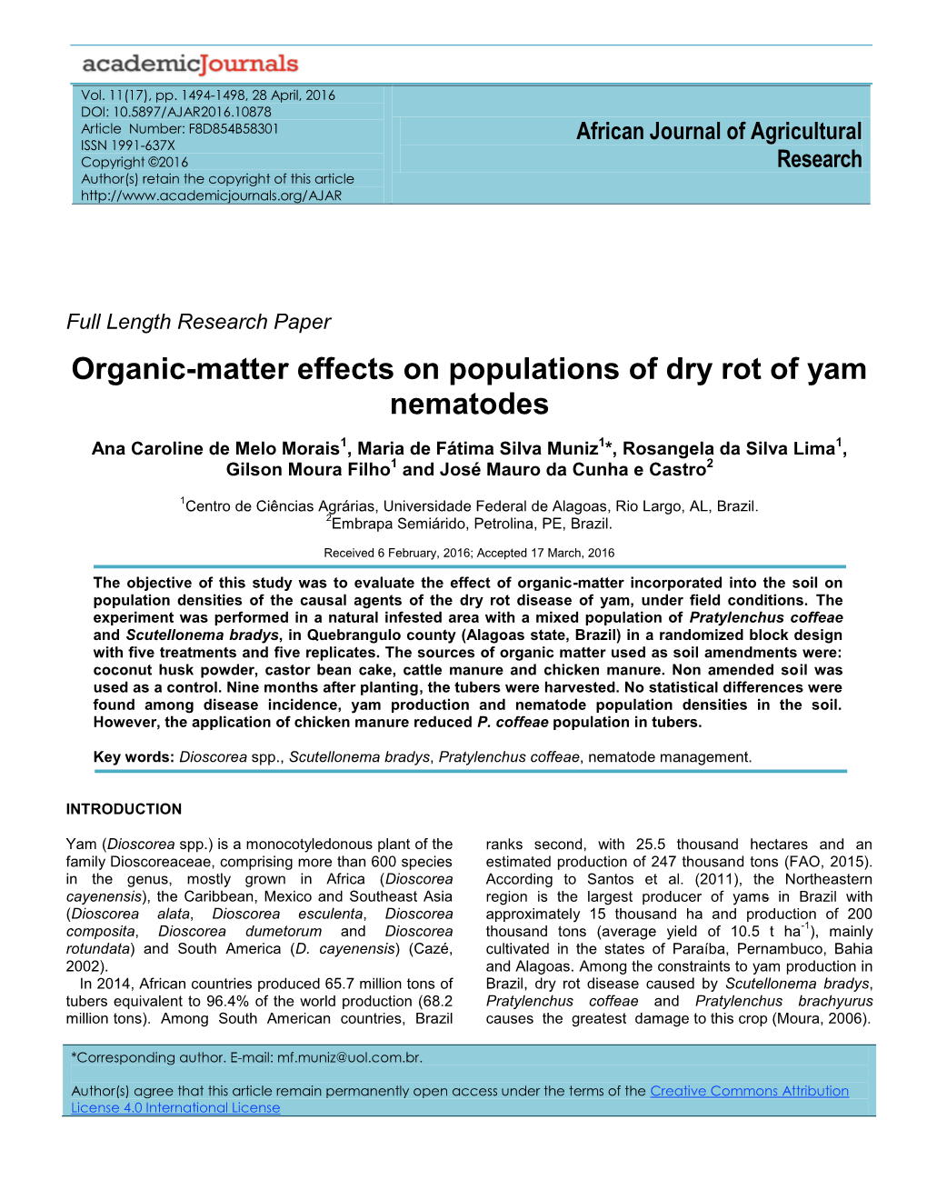 Organic-Matter Effects on Populations of Dry Rot of Yam Nematodes