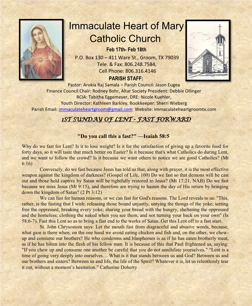 Immaculate Heart of Mary Catholic Church Feb 17Th- Feb 18Th P.O