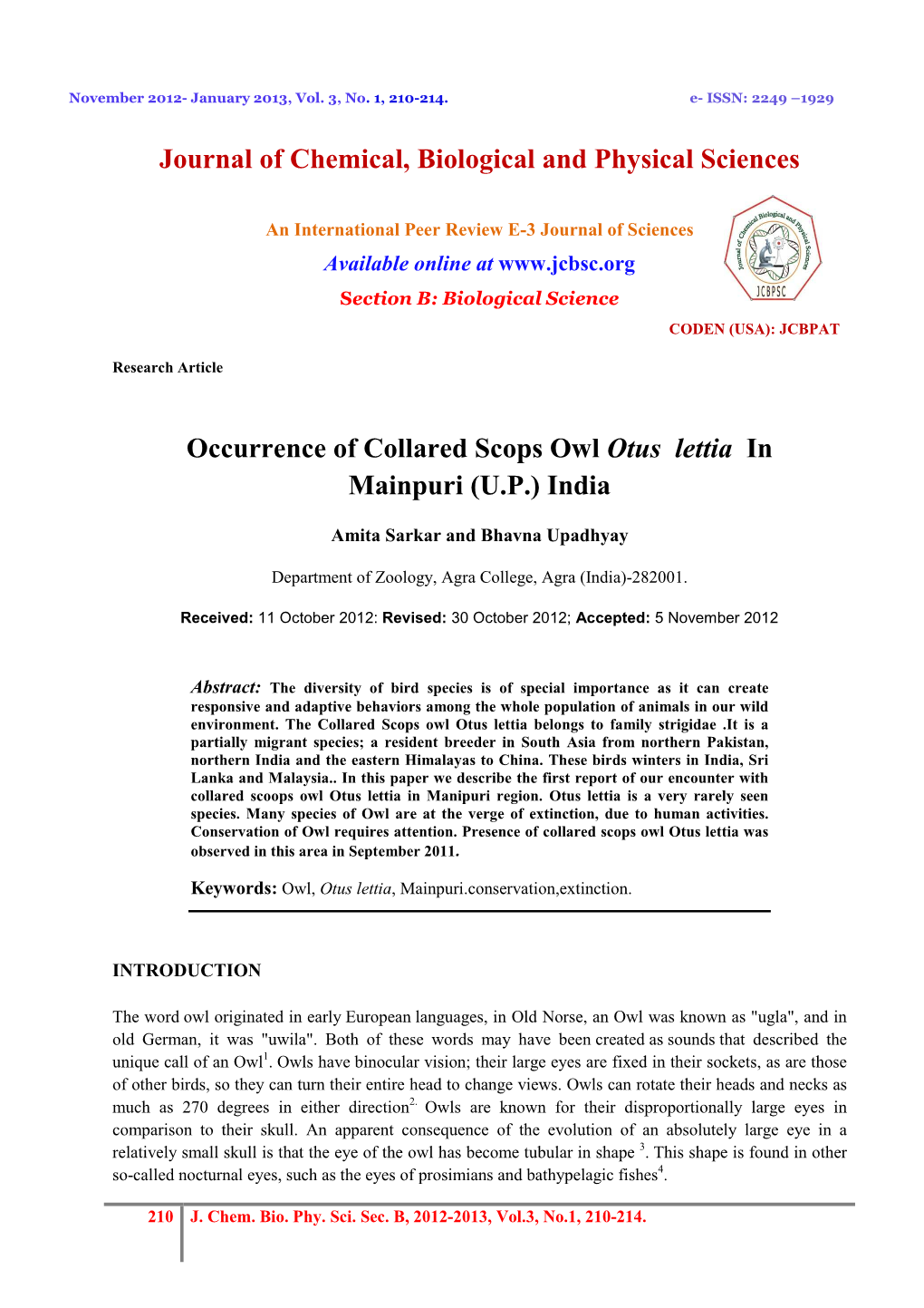 Occurrence of Collared Scops Owl Otus Lettia in Mainpuri (U.P.) India