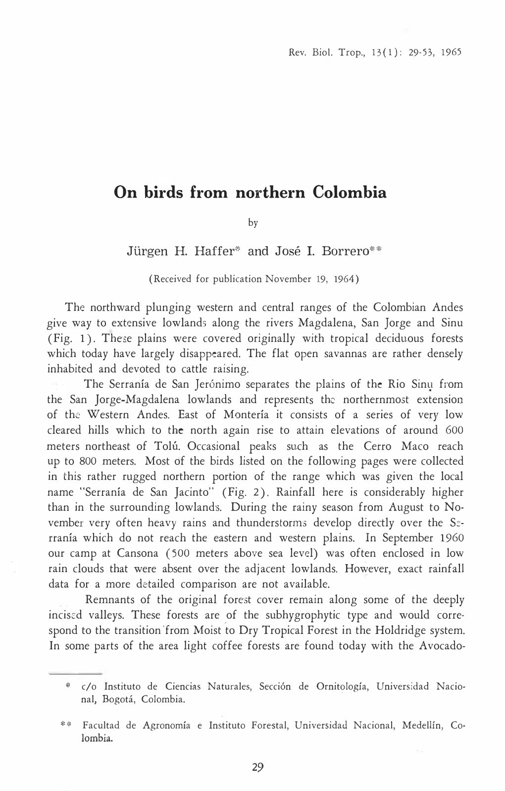 On Birds from Northern Colombia