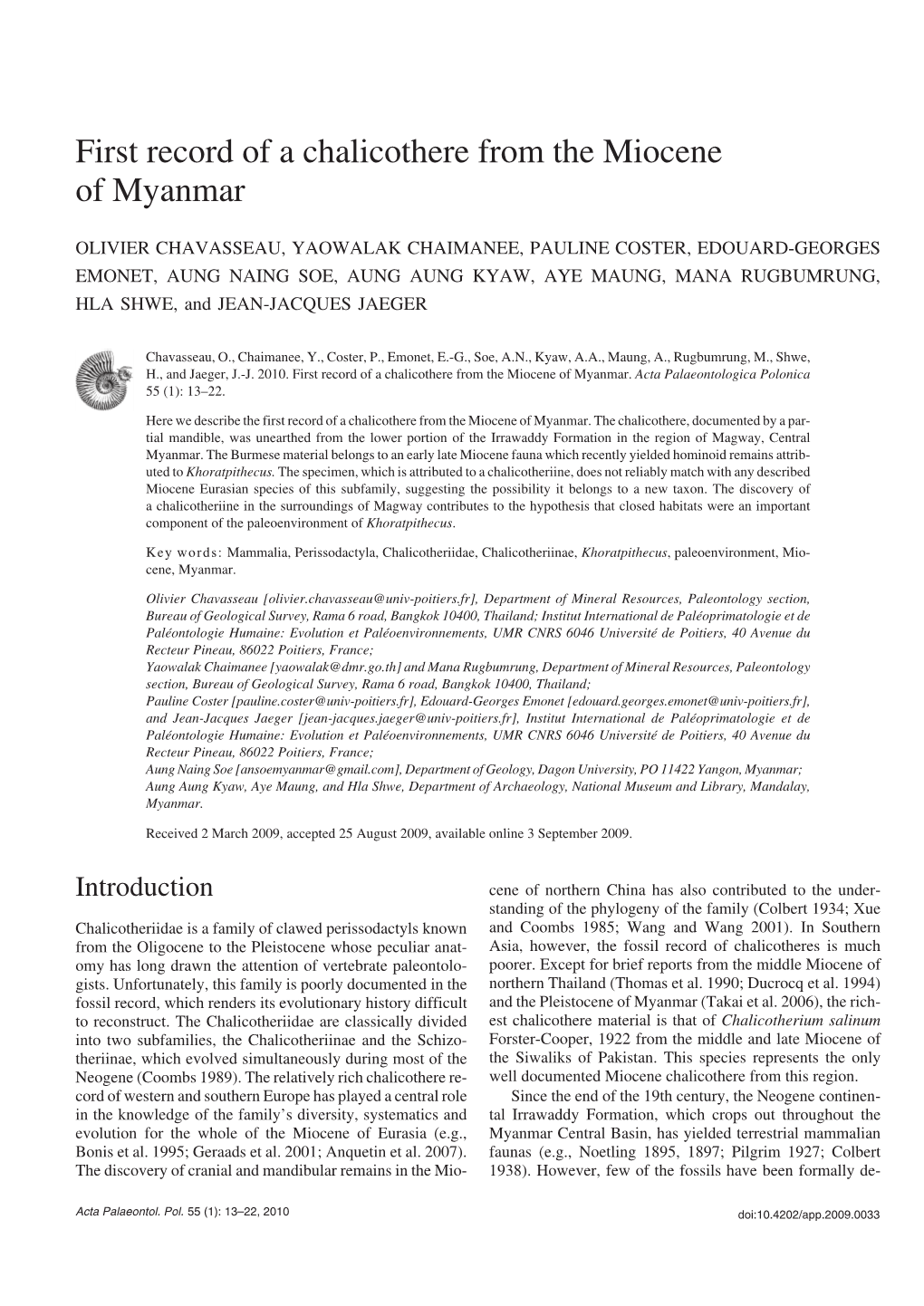 First Record of a Chalicothere from the Miocene of Myanmar