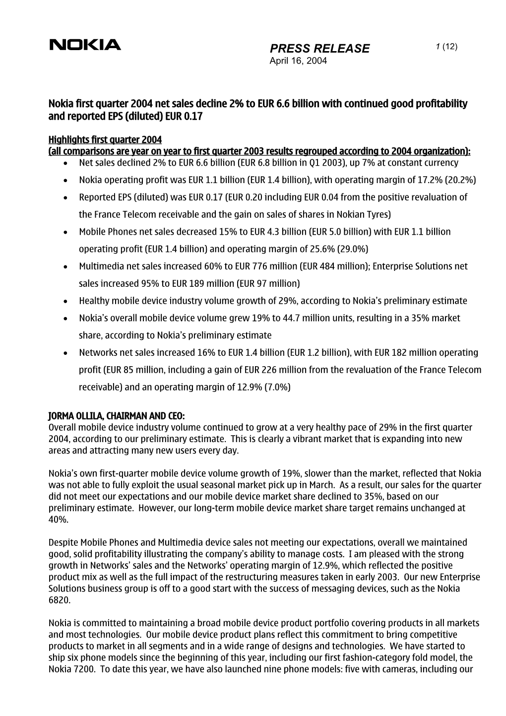 Nokia First Quarter 2004 Results