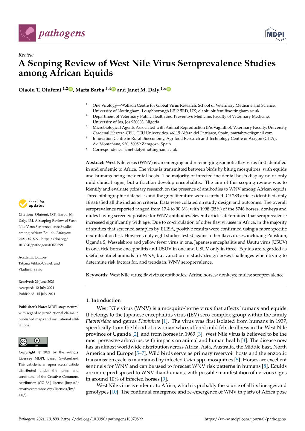 A Scoping Review of West Nile Virus Seroprevalence Studies Among African Equids