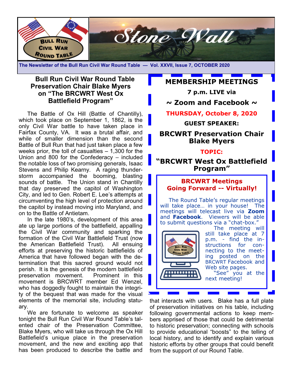 “The BRCWRT West Ox Battlefield Program” MEMBERSHIP MEETING