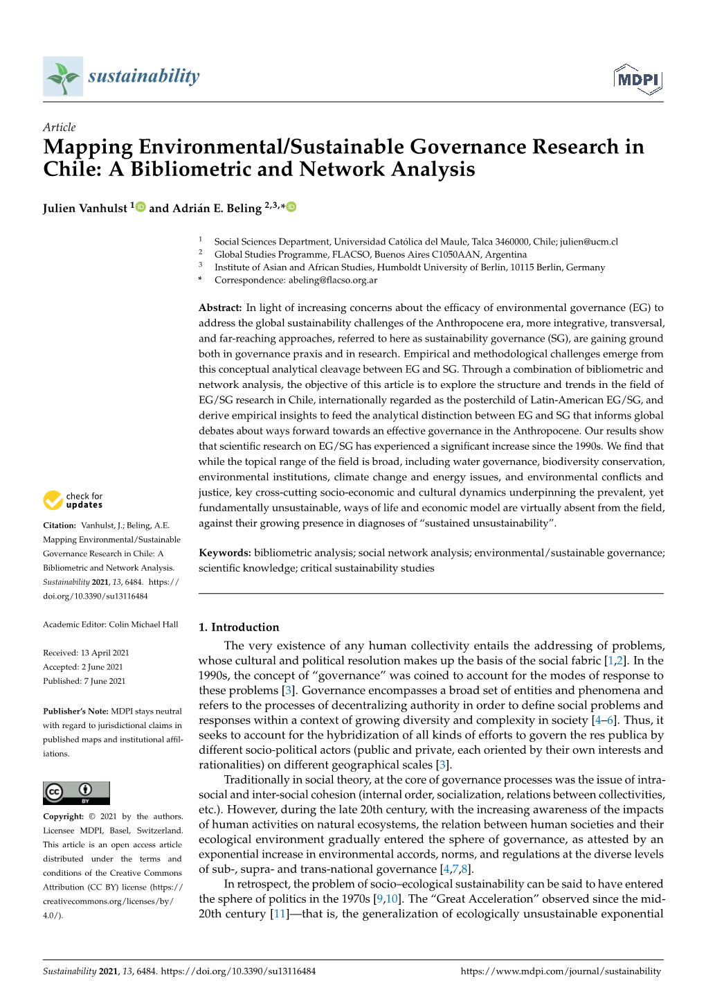 Mapping Environmental/Sustainable Governance Research in Chile: a Bibliometric and Network Analysis