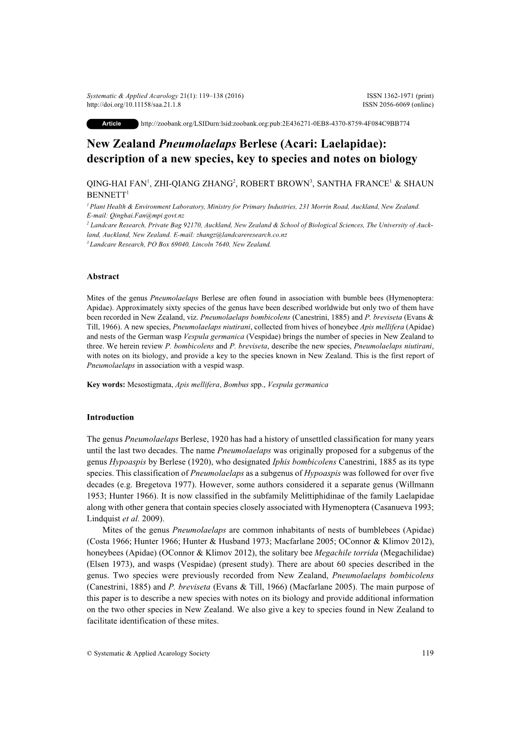 New Zealand Pneumolaelaps Berlese (Acari: Laelapidae): Description of a New Species, Key to Species and Notes on Biology