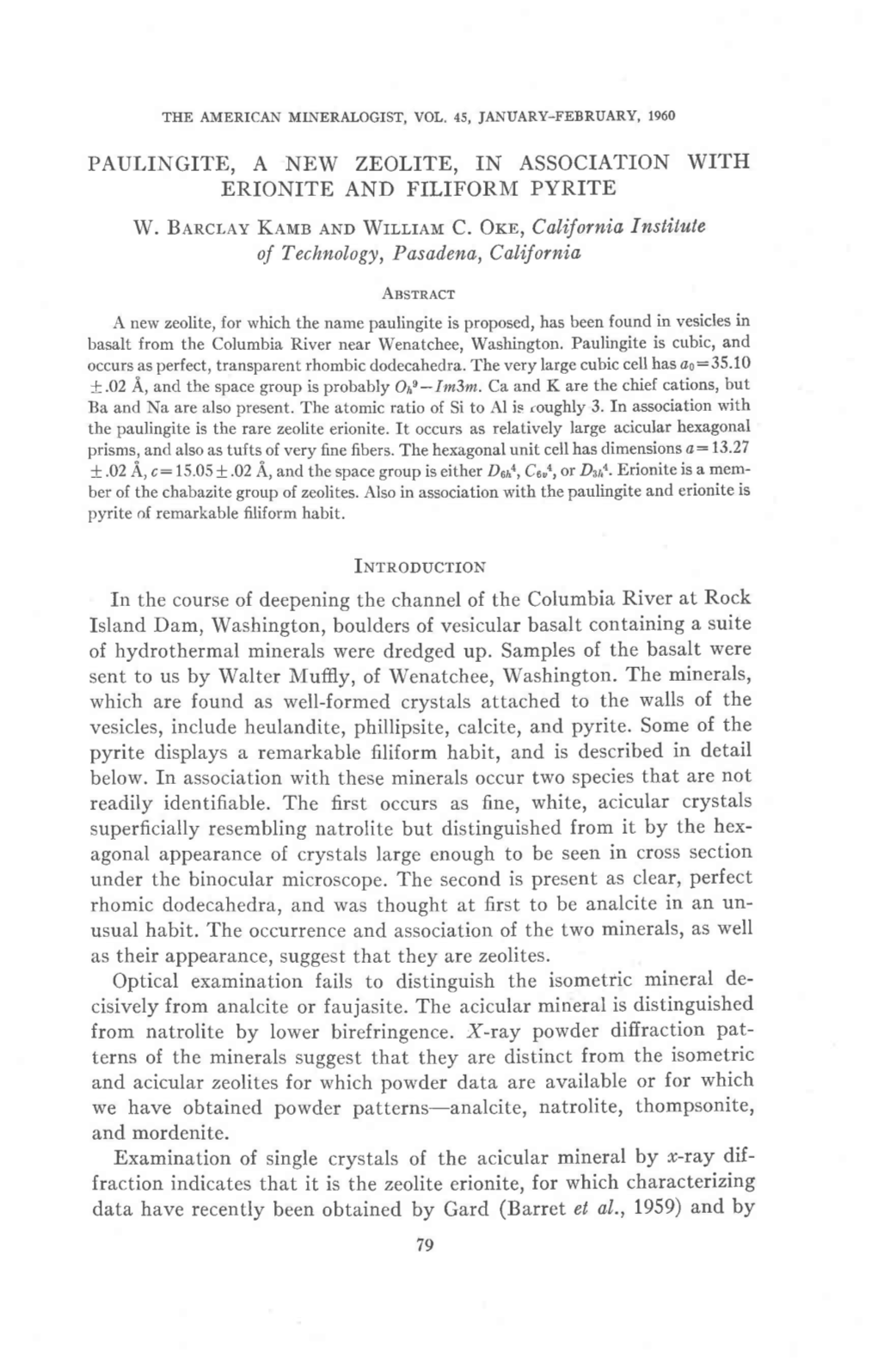 Paulingite, a New Zeolite, in Association with Erionite and Filiform Pyrite