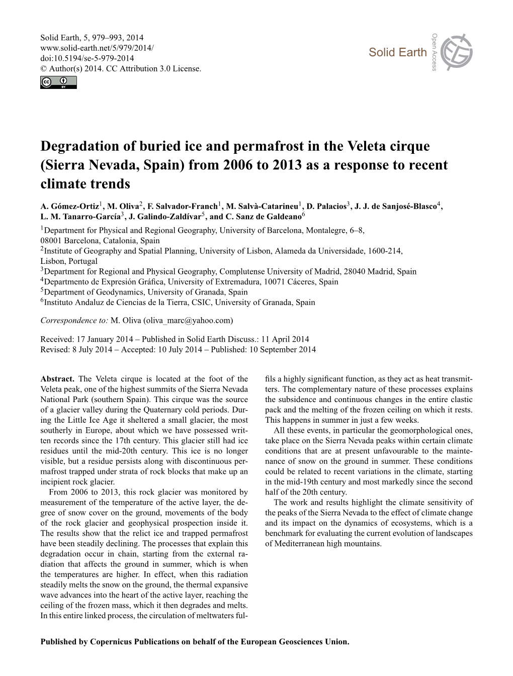 Degradation of Buried Ice and Permafrost in the Veleta Cirque (Sierra Nevada, Spain) from 2006 to 2013 As a Response to Recent Climate Trends