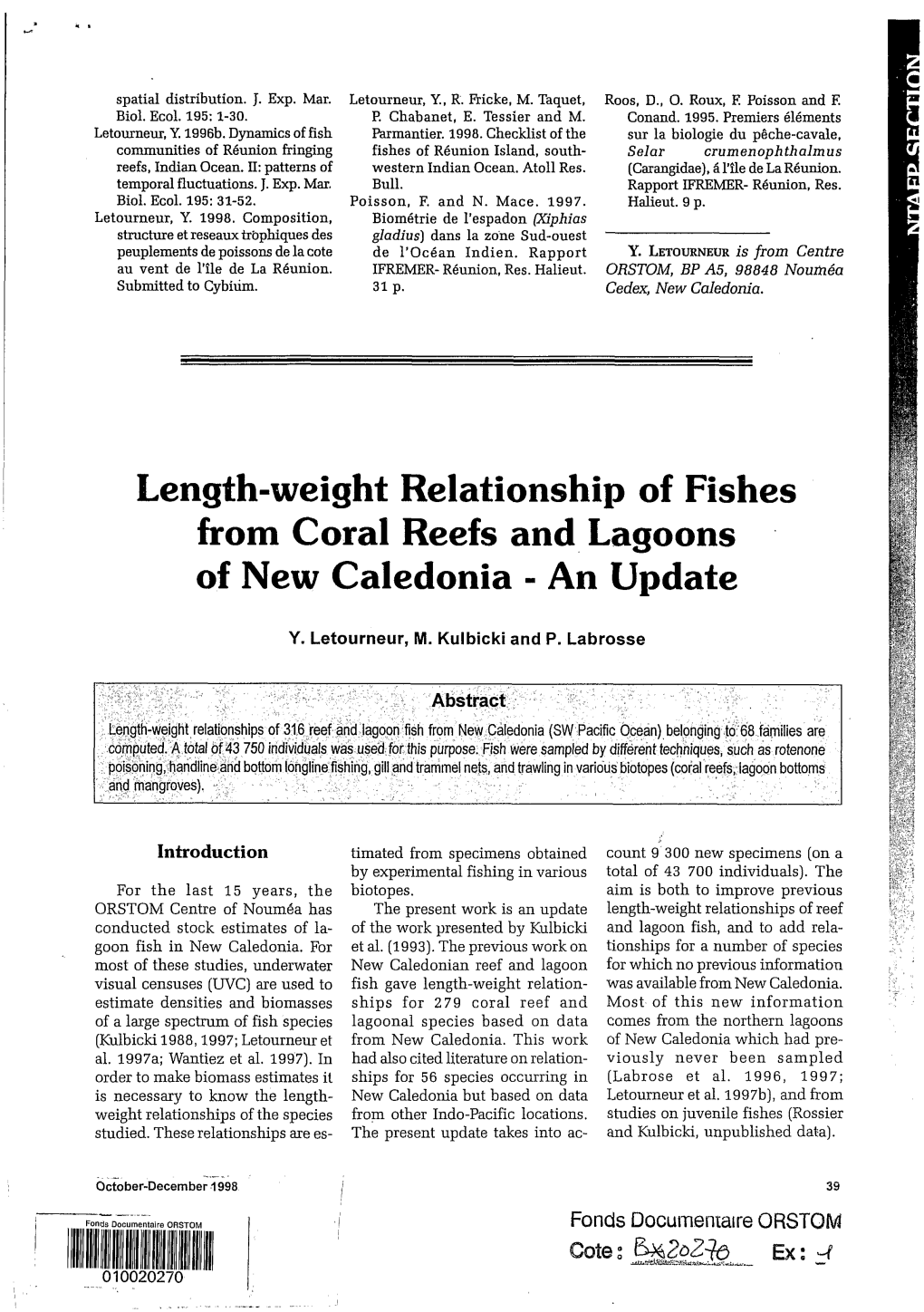 Length-Weight Relationship of Fishes from Coral Reefs and Lagoons of New Caledonia - an Update