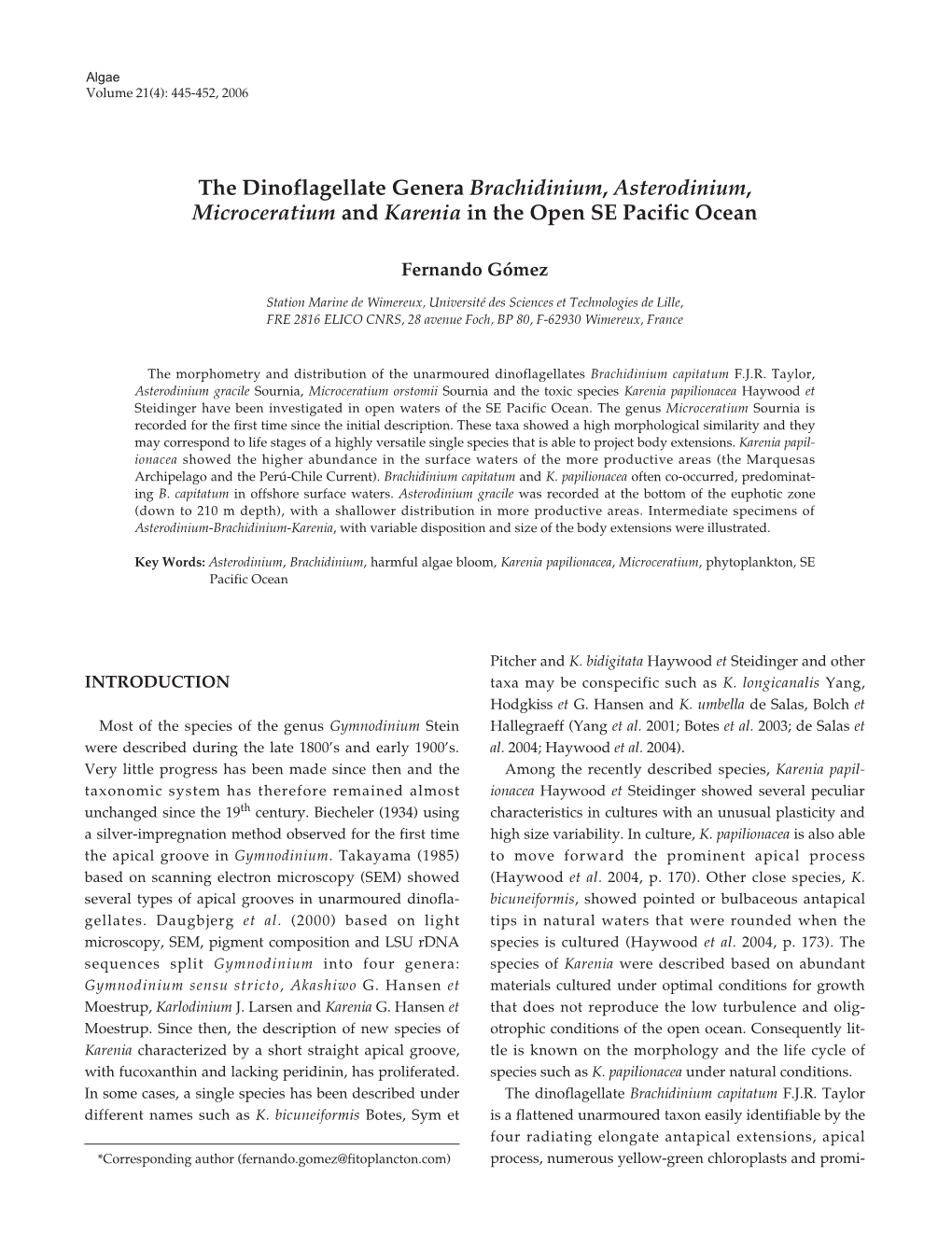 The Dinoflagellate Genera Brachidinium, Asterodinium, Microceratium and Karenia in the Open SE Pacific Ocean