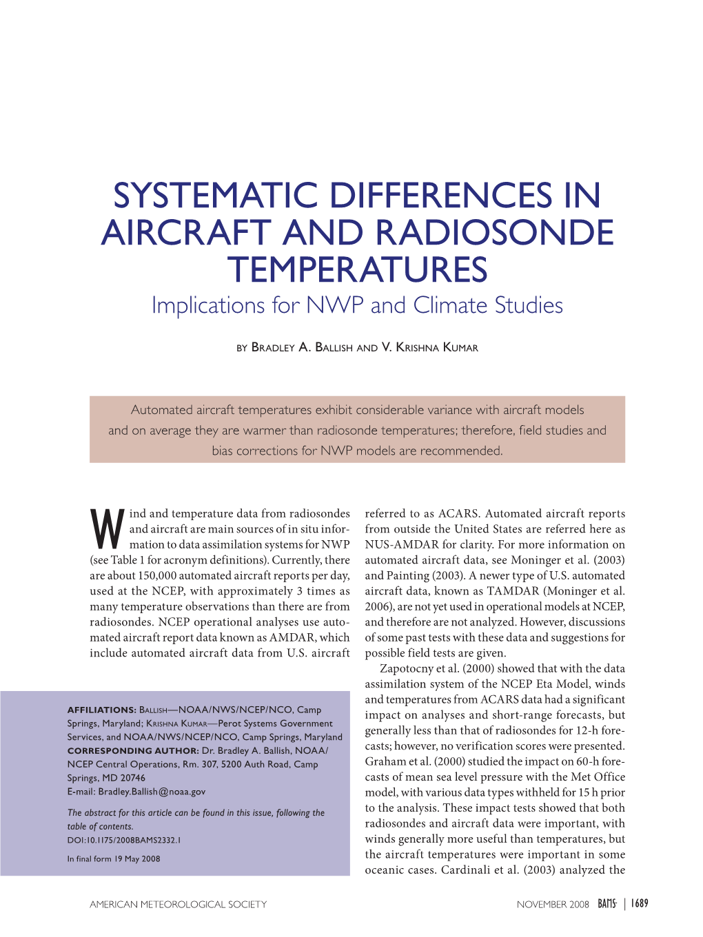SYSTEMATIC DIFFERENCES in AIRCRAFT and RADIOSONDE TEMPERATURES Implications for NWP and Climate Studies