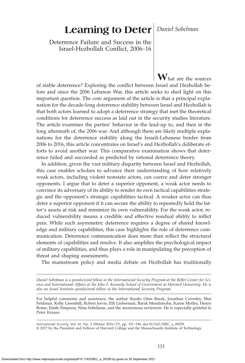 Learning to Deter Daniel Sobelman Deterrence Failure and Success in the Israel-Hezbollah Conºict, 2006–16