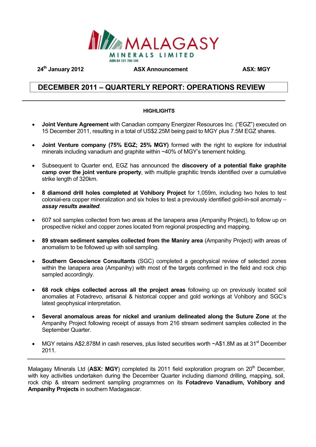 December 2011 – Quarterly Report: Operations Review