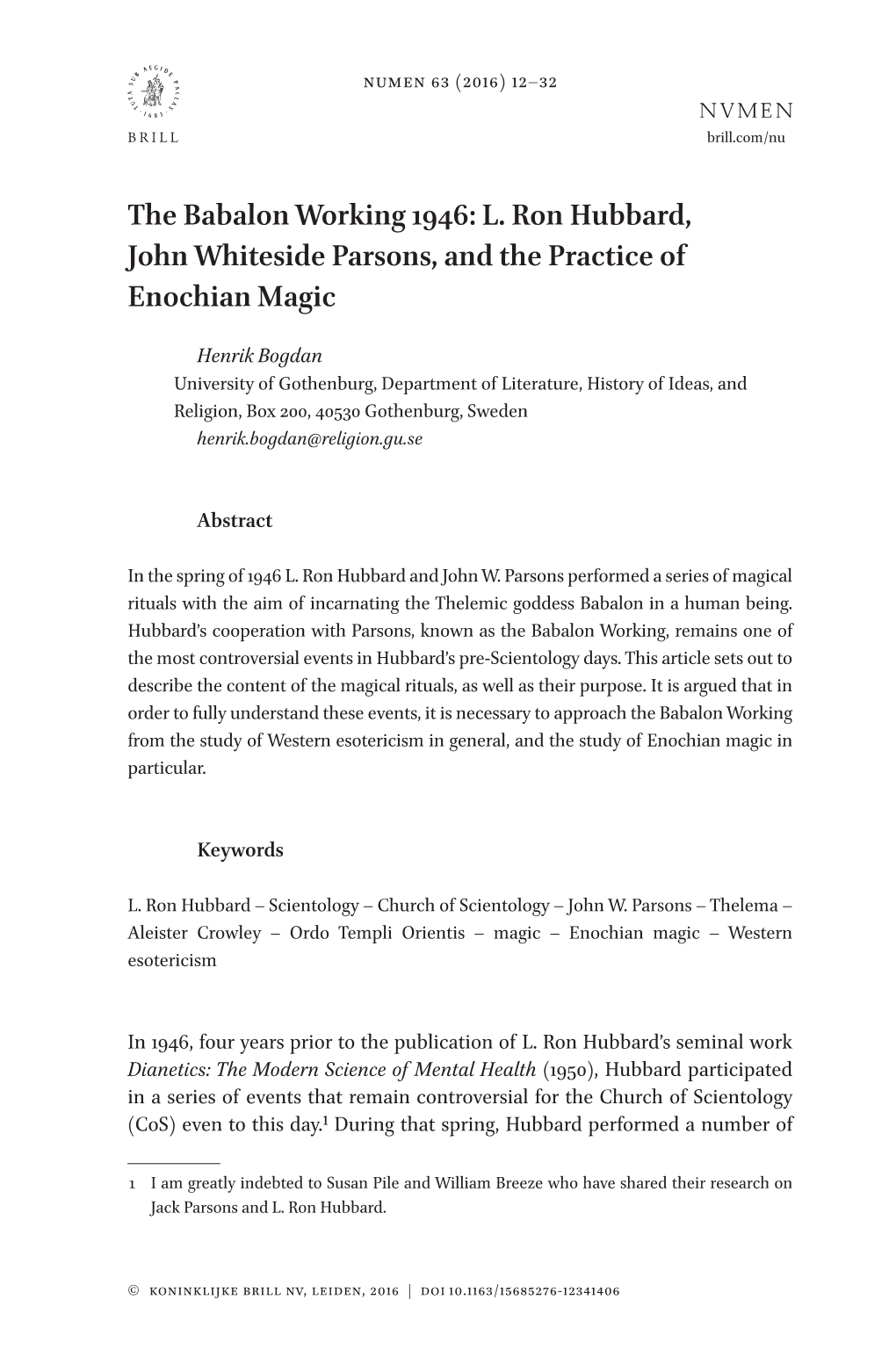 The Babalon Working 1946: L. Ron Hubbard, John Whiteside Parsons, and the Practice of Enochian Magic