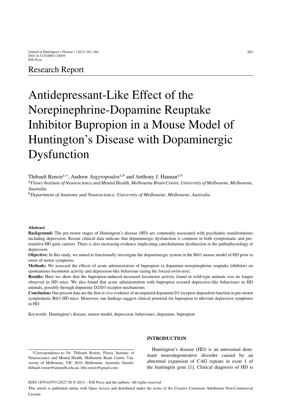 Antidepressant-Like Effect of the Norepinephrine-Dopamine Reuptake Inhibitor Bupropion in a Mouse Model of Huntington’S Disease with Dopaminergic Dysfunction