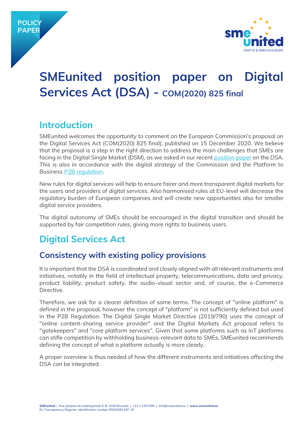 Smeunited Position Paper on Digital Services Act (DSA) - COM(2020) 825 Final