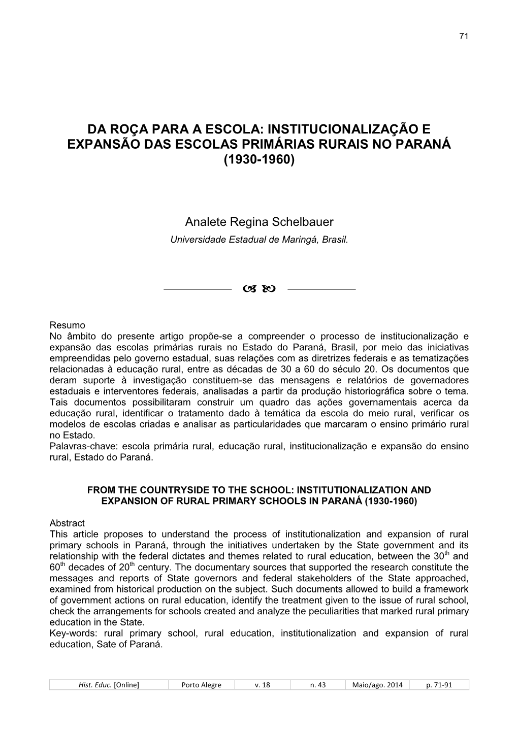 Institucionalização E Expansão Das Escolas Primárias Rurais No Paraná (1930-1960)