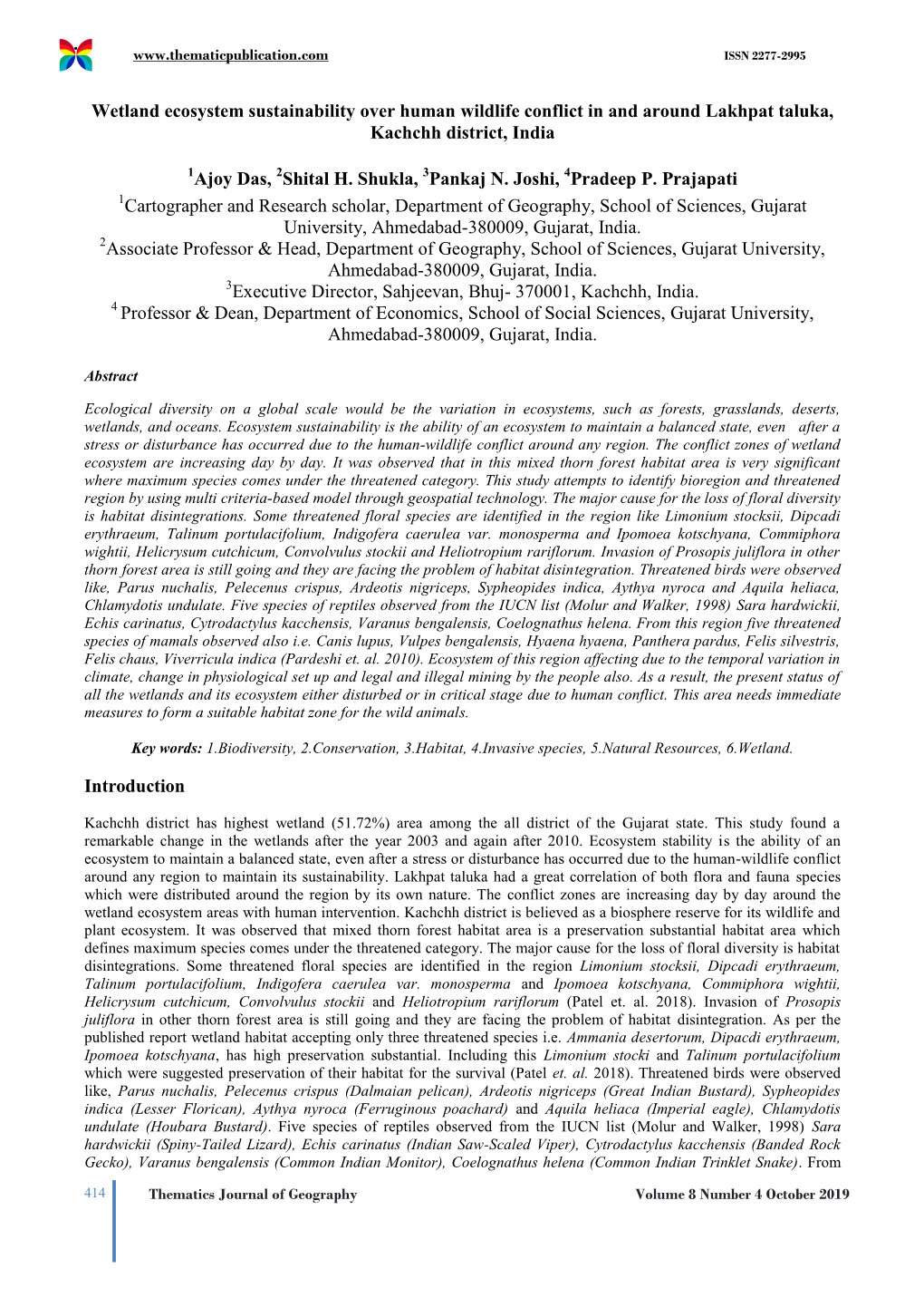 Wetland Ecosystem Sustainability Over Human Wildlife Conflict in and Around Lakhpat Taluka, Kachchh District, India Ajoy Das, Sh