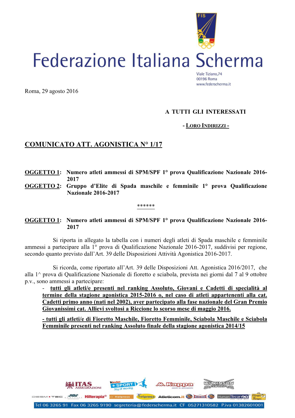 Comunicato Att. Agonistica N° 1/17