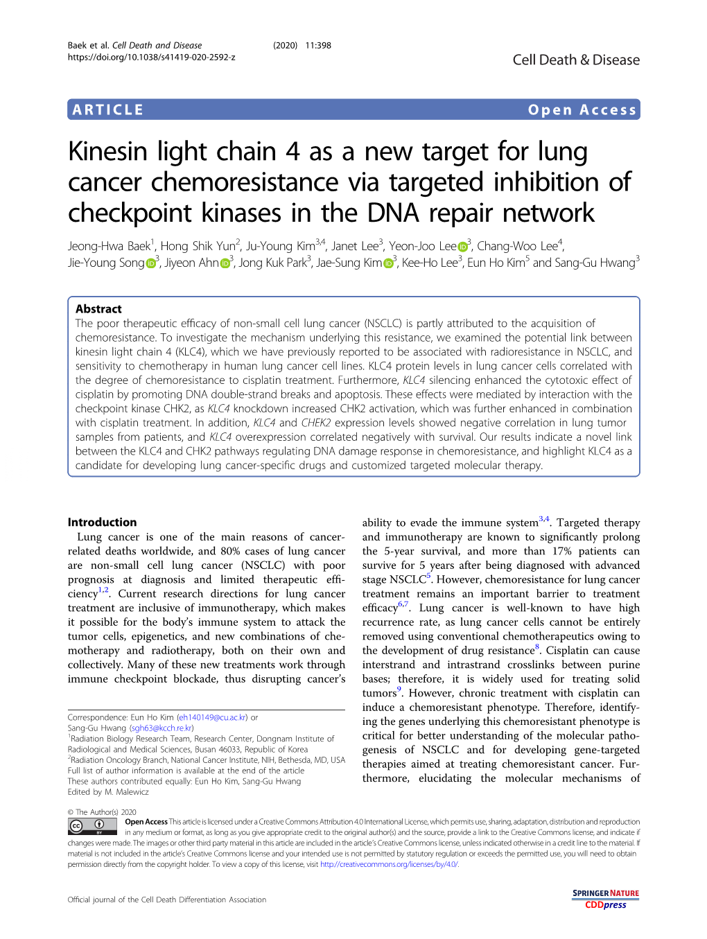 Kinesin Light Chain 4 As a New Target for Lung Cancer Chemoresistance Via Targeted Inhibition of Checkpoint Kinases in the DNA R