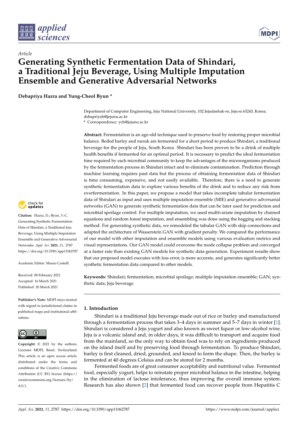 Generating Synthetic Fermentation Data of Shindari, a Traditional Jeju Beverage, Using Multiple Imputation Ensemble and Generative Adversarial Networks