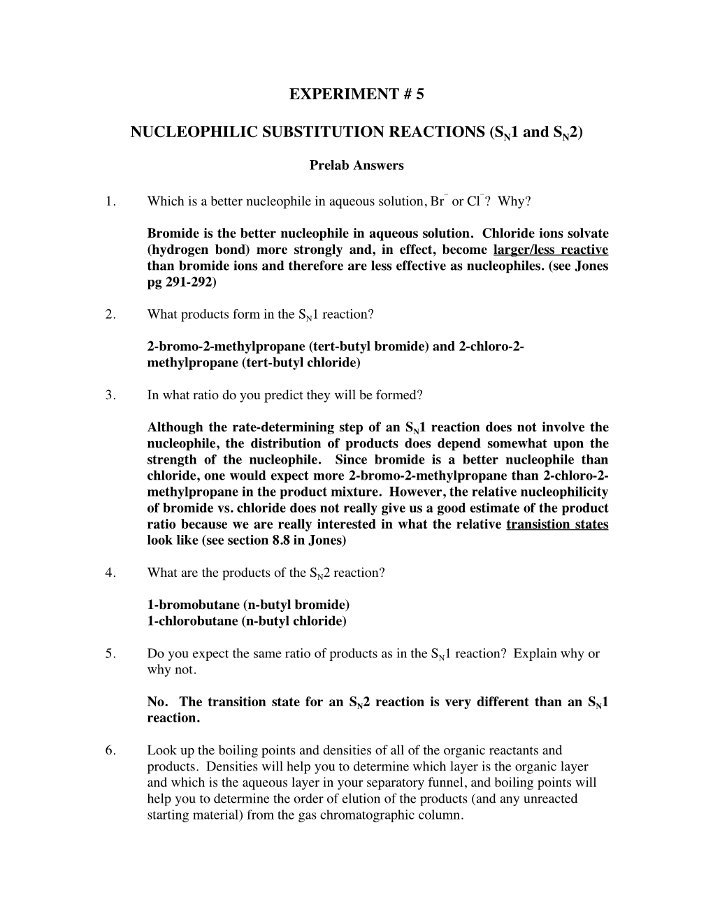 Experiment # 5 Nucleophilic Substitution Reactions (Sn1