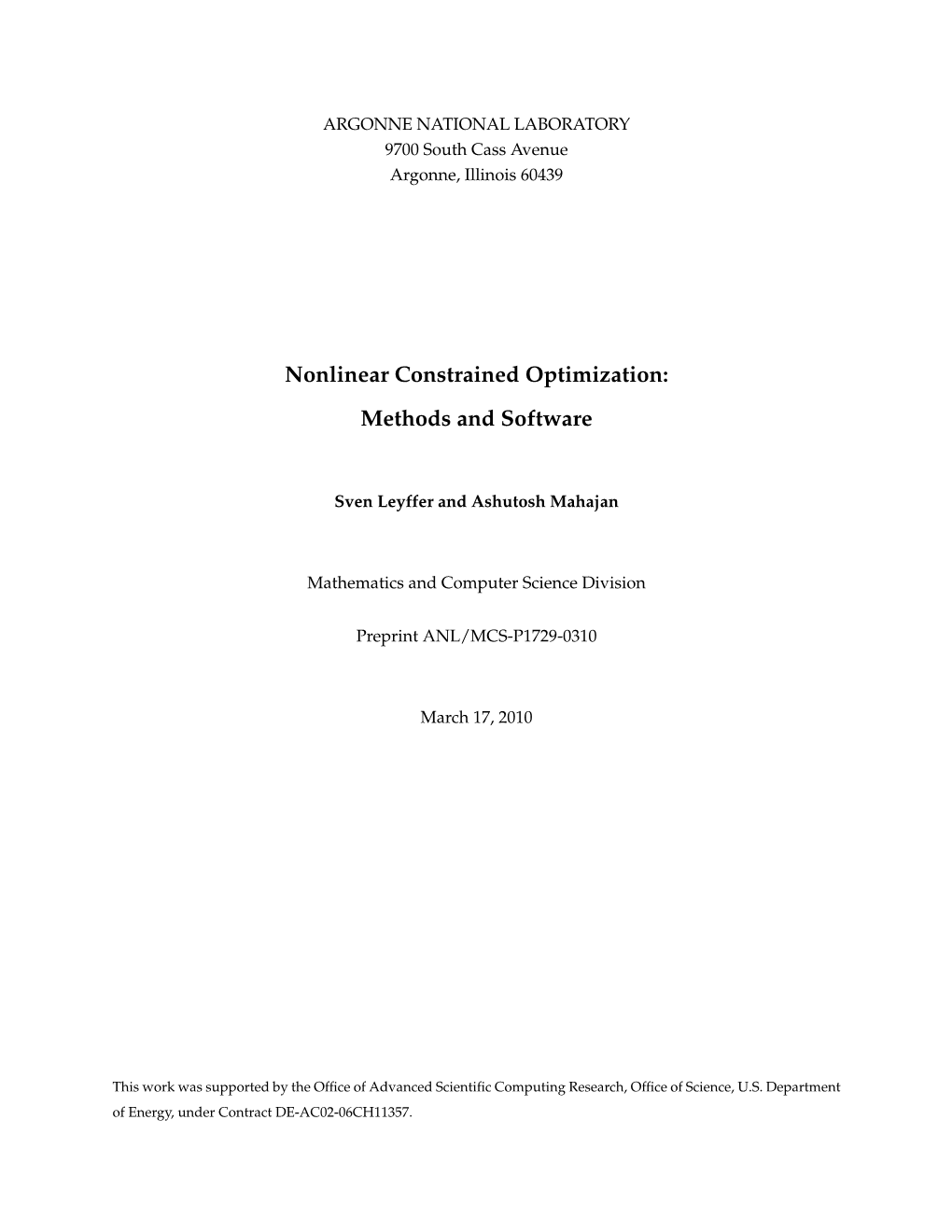 Nonlinear Constrained Optimization: Methods and Software