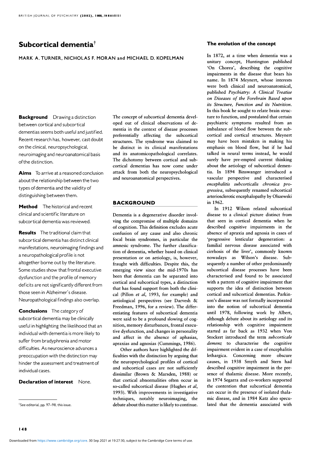 Subcortical Dementia{{ the Evolution of the Concept