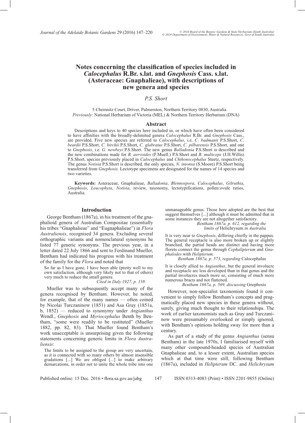 Notes Concerning the Classification of Species Included in Calocephalus R.Br