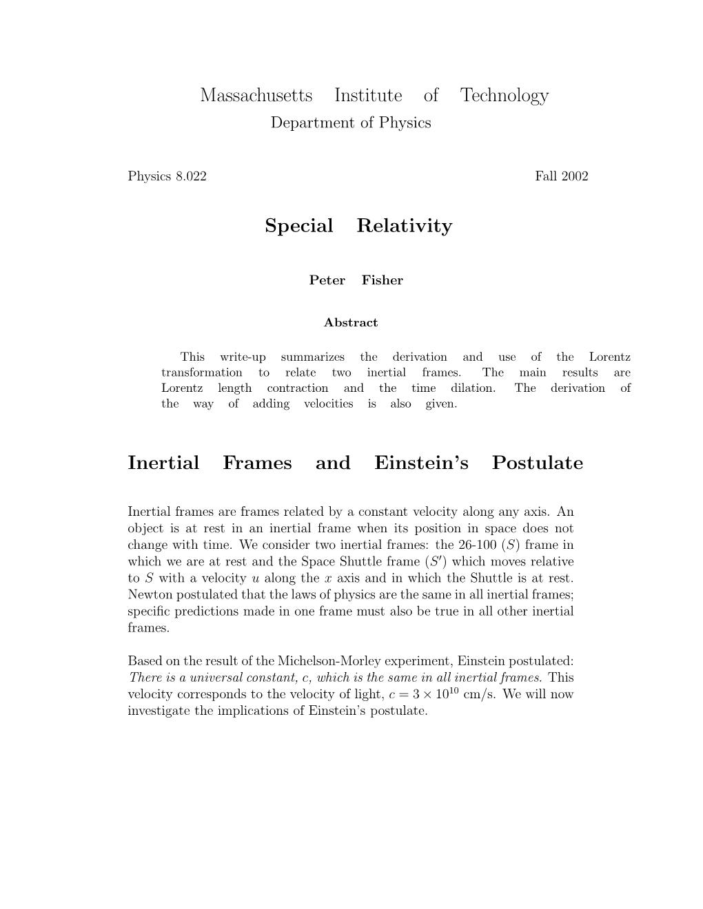 Massachusetts Institute of Technology Special Relativity Inertial Frames