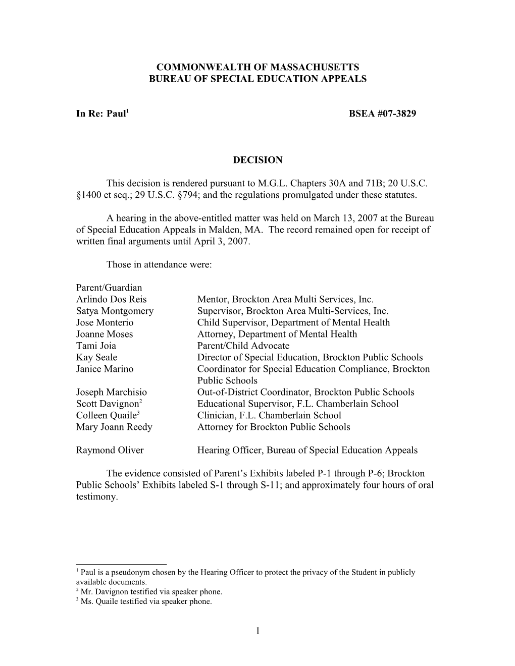 Special Education Appeals BSEA #07-3829