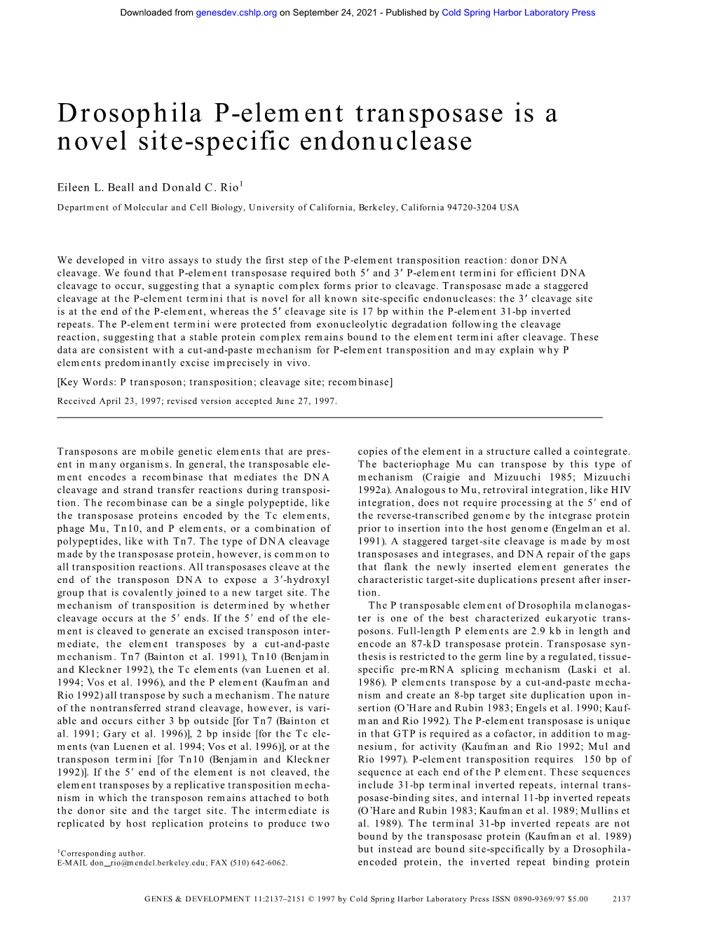 Drosophila P-Element Transposase Is a Novel Site-Specific Endonuclease
