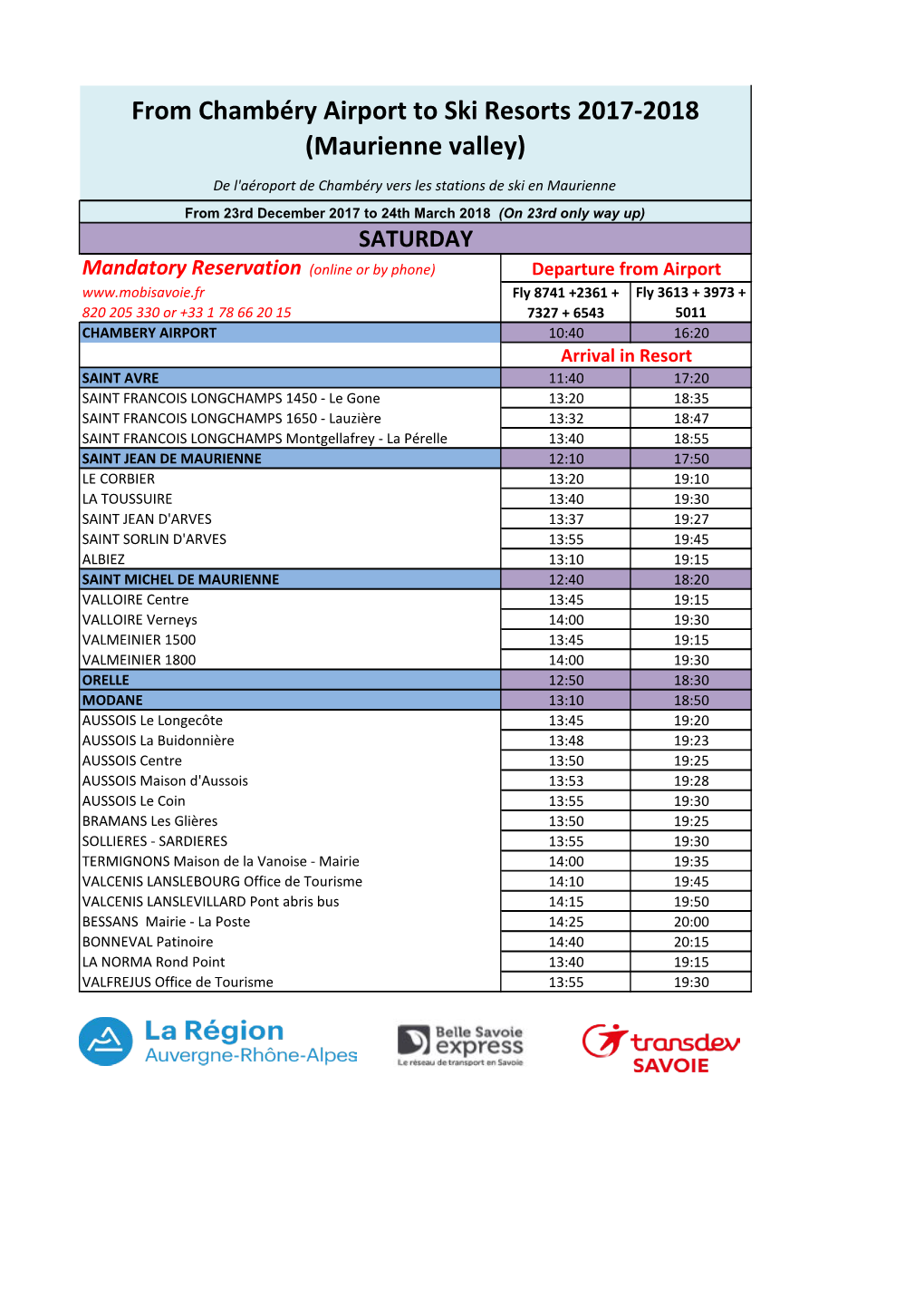 From Chambéry Airport to Ski Resorts 2017-2018 (Maurienne Valley)