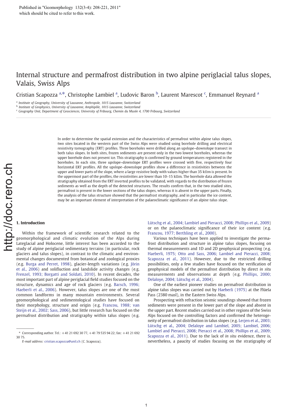 Internal Structure and Permafrost Distribution in Two Alpine Periglacial Talus Slopes, Valais, Swiss Alps