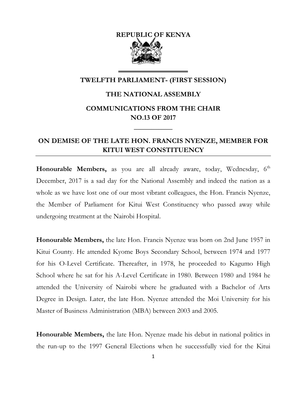 Republic of Kenya Twelfth Parliament- (First Session