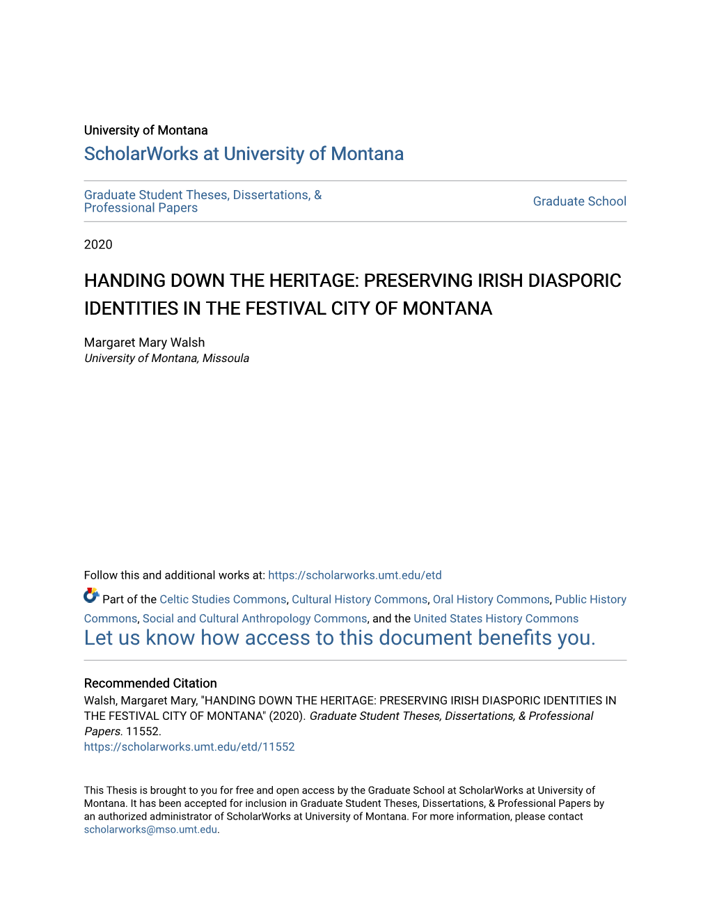 Handing Down the Heritage: Preserving Irish Diasporic Identities in the Festival City of Montana