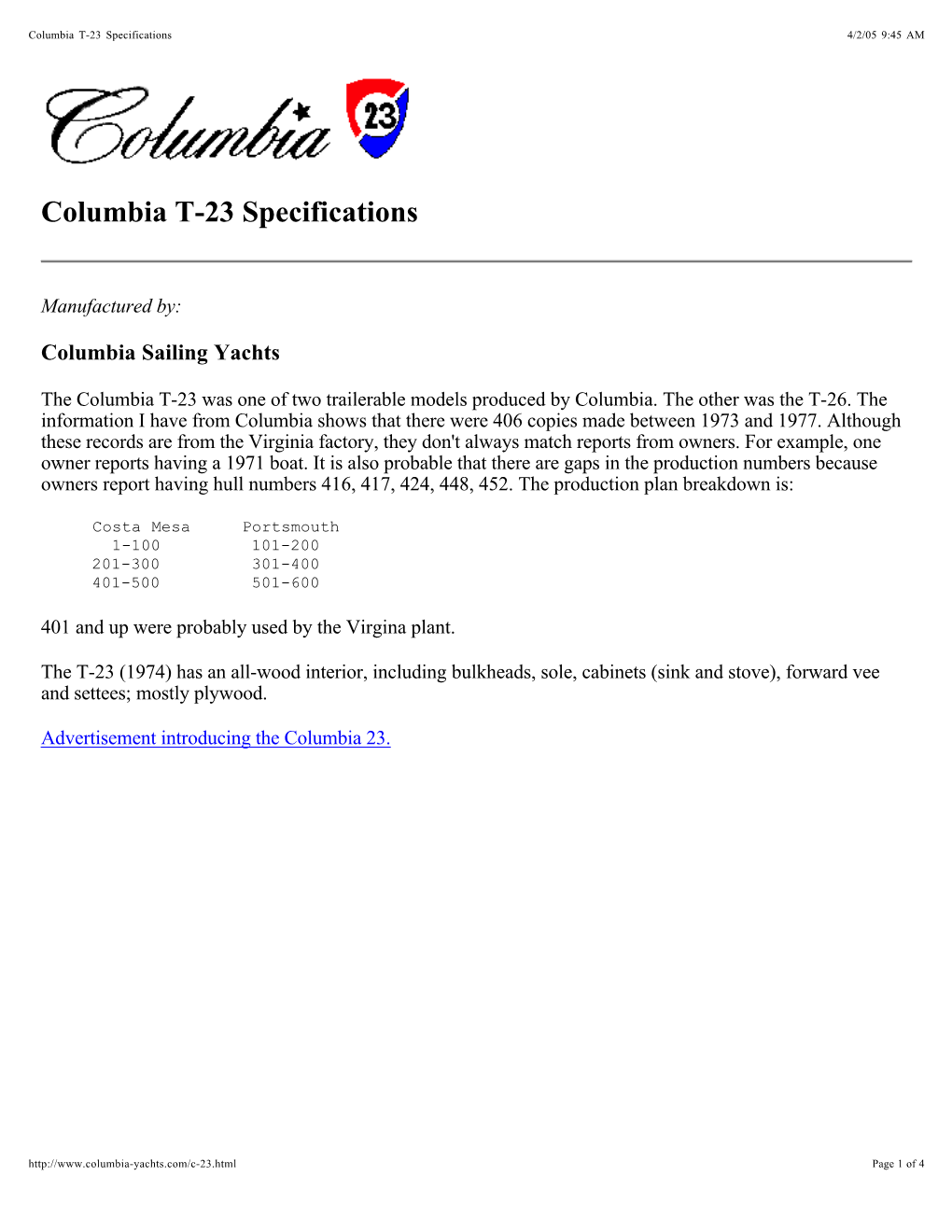 Columbia T-23 Specifications 4/2/05 9:45 AM