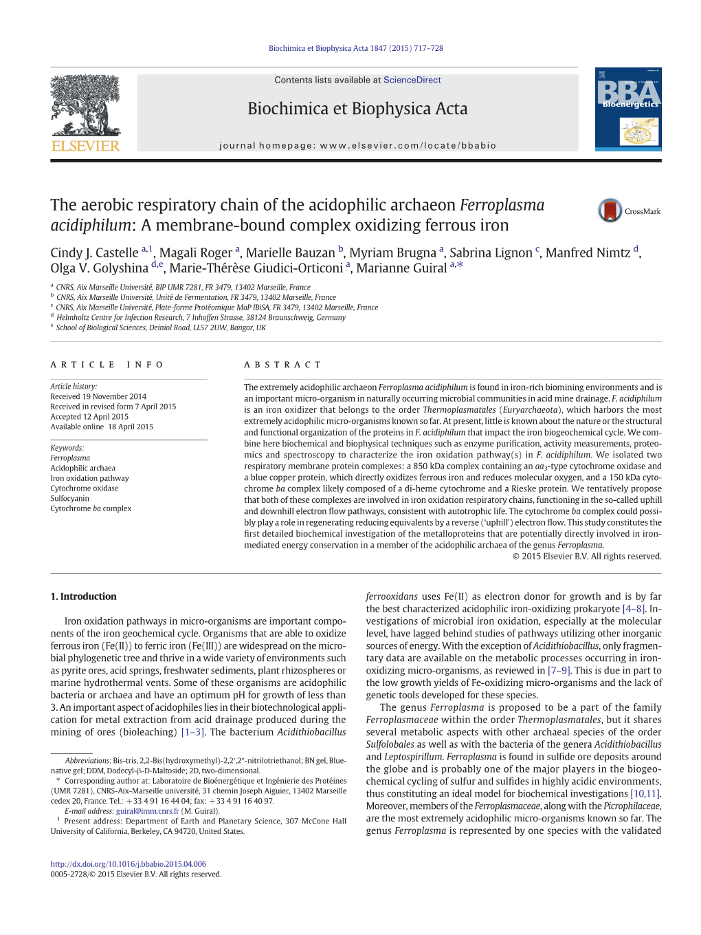 The Aerobic Respiratory Chain of the Acidophilic Archaeon Ferroplasma Acidiphilum: a Membrane-Bound Complex Oxidizing Ferrous Iron