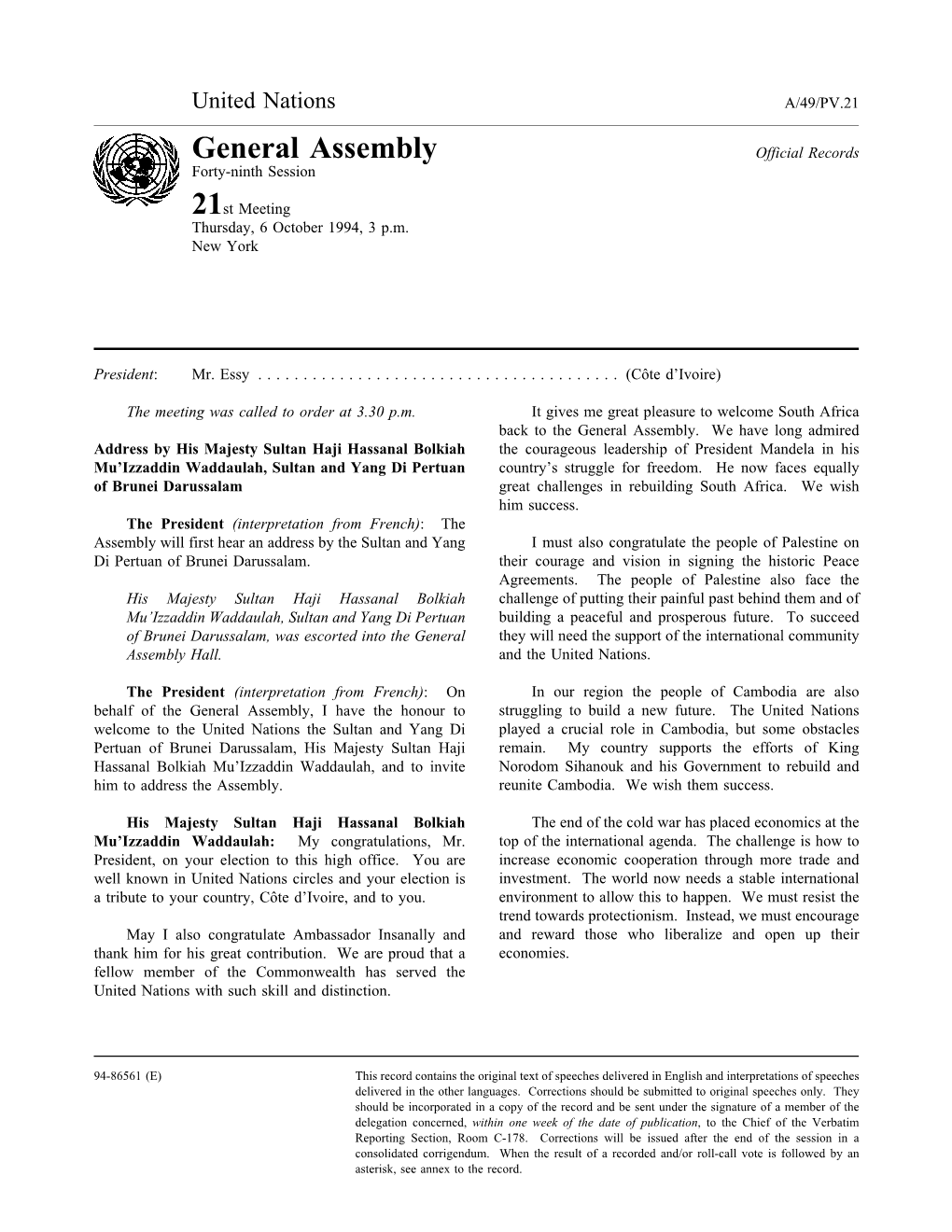 General Assembly Official Records Forty-Ninth Session