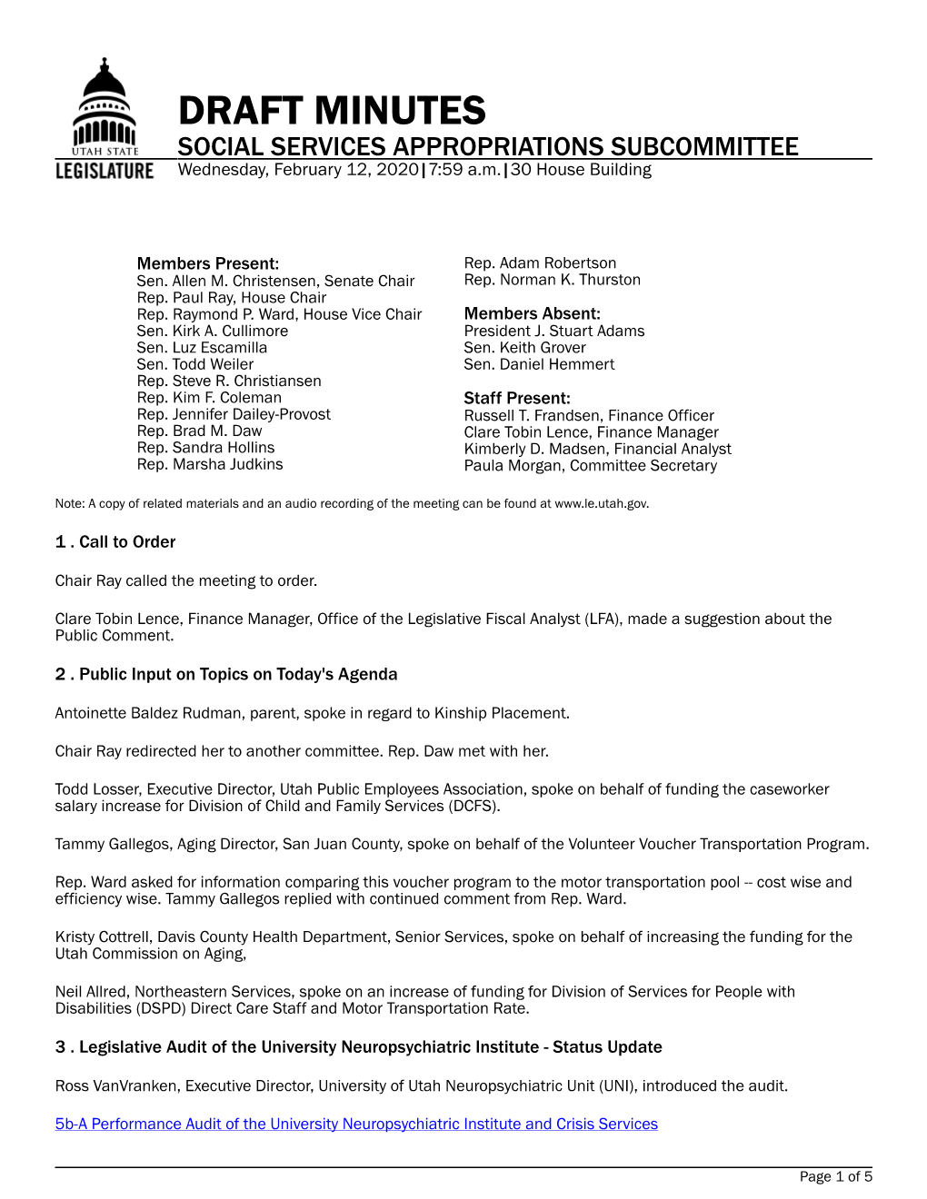 DRAFT MINUTES SOCIAL SERVICES APPROPRIATIONS SUBCOMMITTEE Wednesday, February 12, 2020|7:59 A.M.|30 House Building