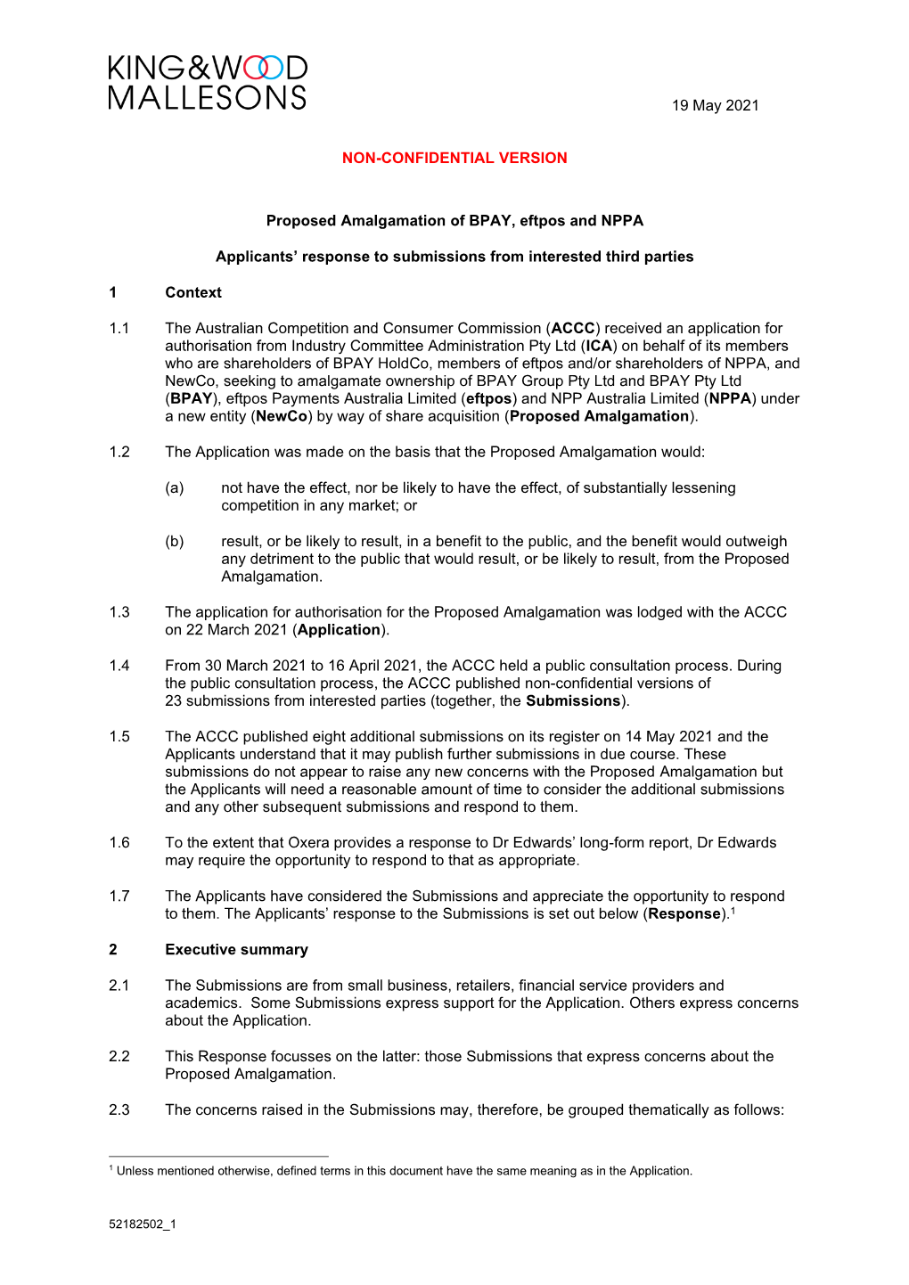 19 May 2021 NON-CONFIDENTIAL VERSION Proposed Amalgamation