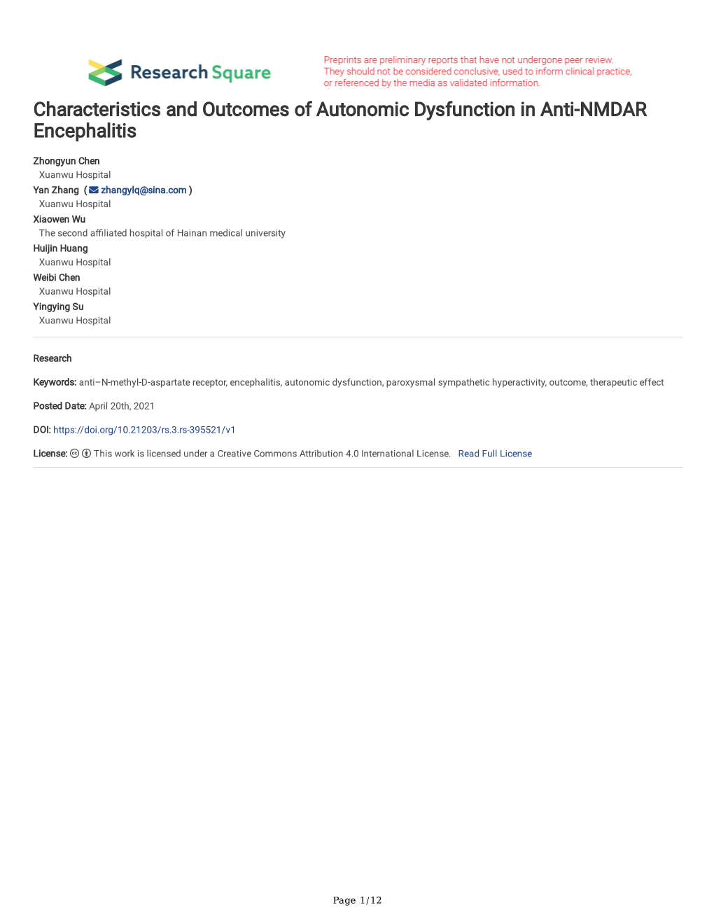 Characteristics and Outcomes of Autonomic Dysfunction in Anti-NMDAR Encephalitis