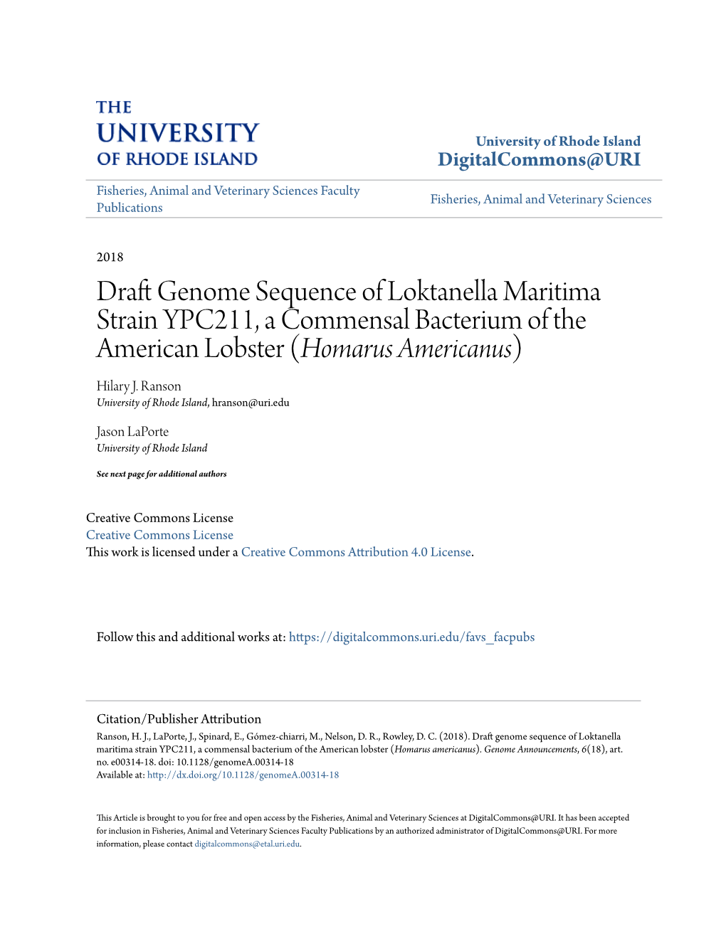 Draft Genome Sequence of Loktanella Maritima Strain YPC211, a Commensal Bacterium of the American Lobster (Homarus Americanus) Hilary J