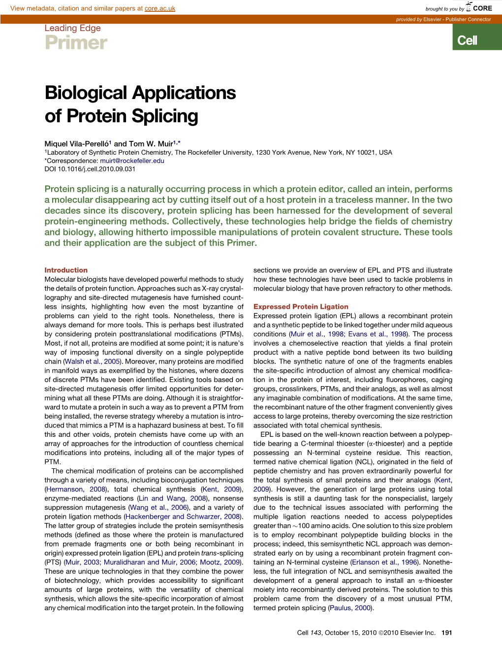 Biological Applications of Protein Splicing