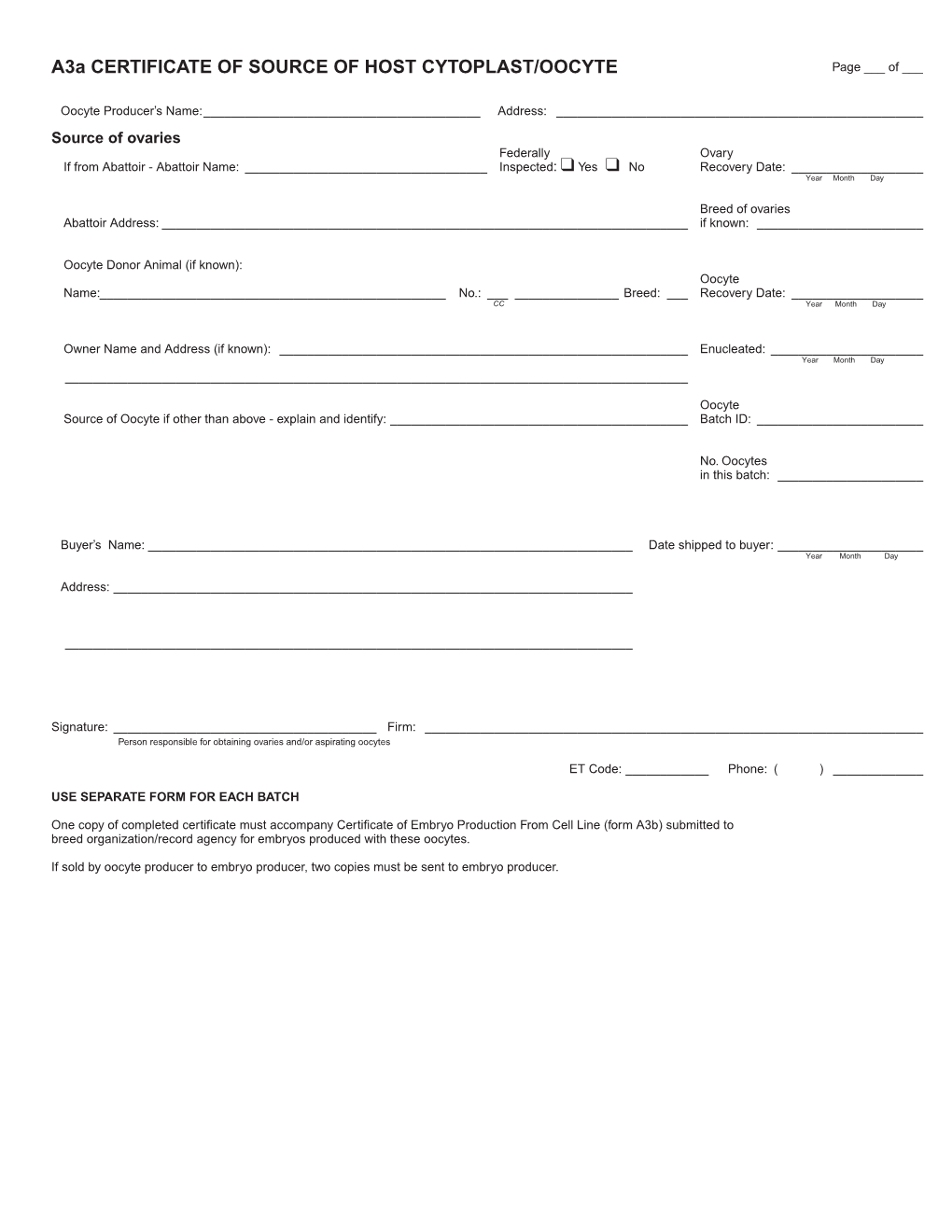 A3a CERTIFICATE of SOURCE of HOST CYTOPLAST/OOCYTE Page ___ of ___