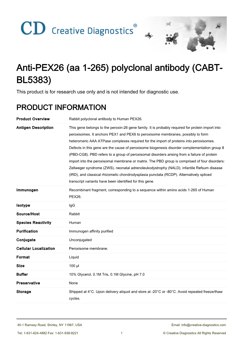 Anti-PEX26 (Aa 1-265) Polyclonal Antibody (CABT- BL5383) This Product Is for Research Use Only and Is Not Intended for Diagnostic Use