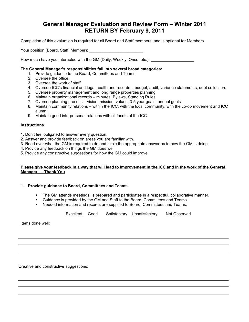 General Manager Evaluation And Review Form Winter 2011