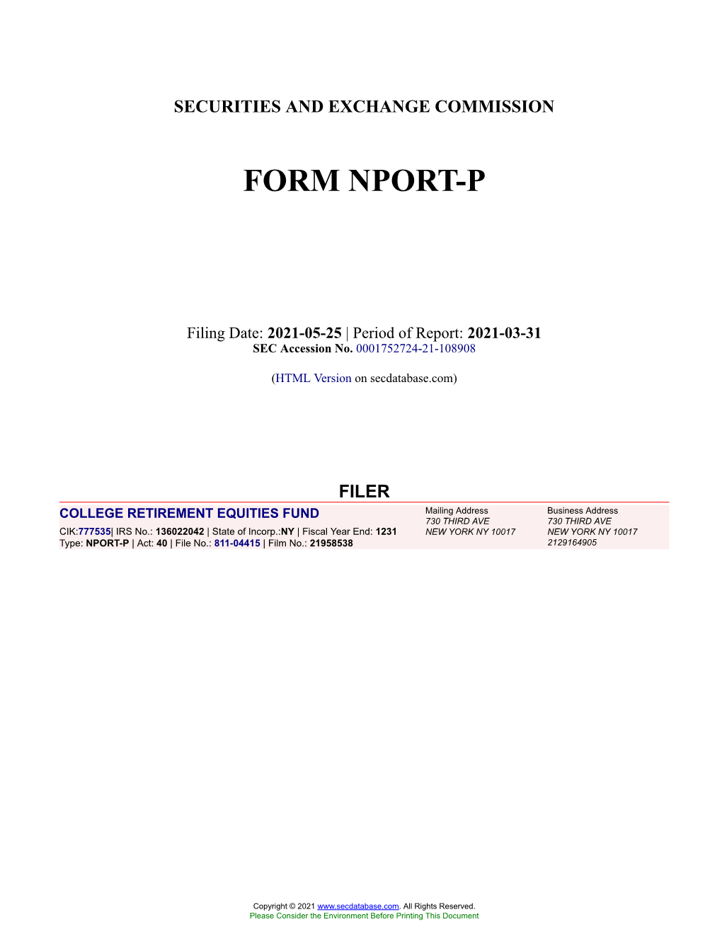 COLLEGE RETIREMENT EQUITIES FUND Form NPORT-P Filed 2021