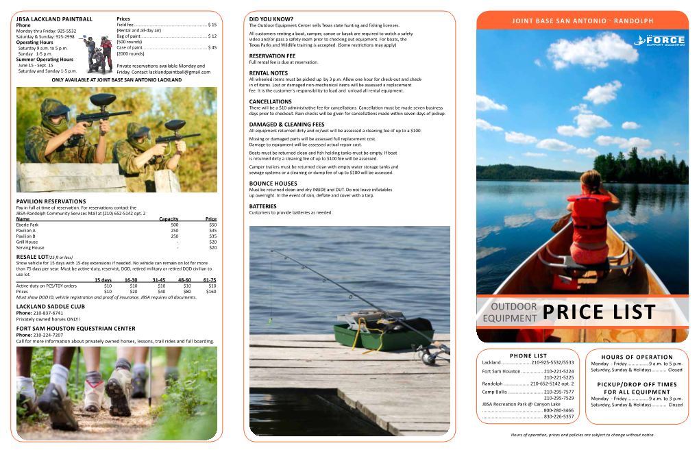 Outdoor Equipment Price List