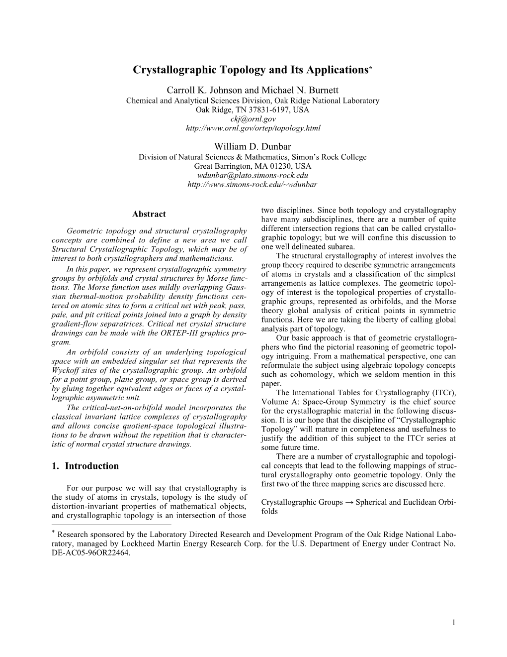 Crystallographic Topology and Its Applications* Carroll K